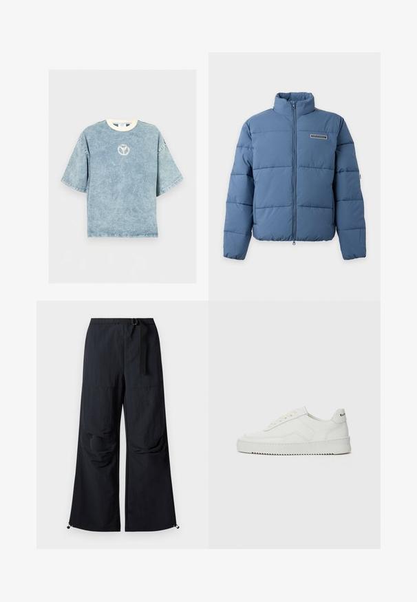 Veste matelassée bleue avec col montant, fermeture éclair à l'avant et logo EA7 Emporio Armani sur la poitrine.; T-shirt oversize bleu délavé à manches courtes avec une encolure ronde blanche et un petit logo circulaire délavé sur la poitrine.; Pantalon noir à jambes larges en tissu léger. Dispose d'une ceinture, de deux grandes poches latérales et d'ourlets ajustables avec fermetures à cordon.; Baskets en cuir blanc avec une finition lisse, bout arrondi, lacets plats et semelle texturée. Présente un logo discret sur le talon.