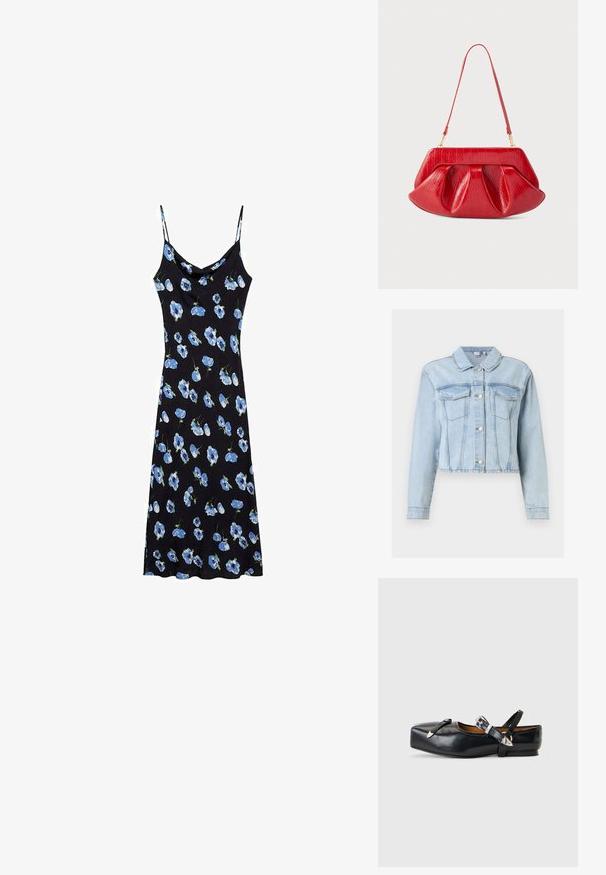 Lyseblå denimjakke med lange ærmer, knaplukning foran, brystlommer med klapper og en klassisk krave.; Sort slipdress med blå blomster mønster, tynde spaghetti stropper, en cowl halsudskæring og en afslappet pasform, der falder over knæene.; Sort læderflat sko med firkantet tå, to sølvspænderemme og en lav hæl på en lysegrå baggrund.; Rød skuldertaske i læder med en struktureret ramme, plisseret krop og tynd justerbar rem mod en ensfarvet baggrund.
