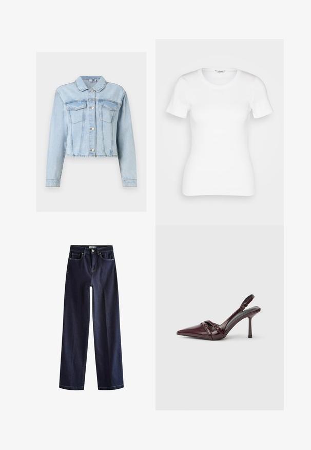 Hellblaue Jeansjacke mit langen Ärmeln, durchgehender Knopfleiste, aufgesetzten Brusttaschen und klassischem Kragen.; Weißes Baumwoll-T-Shirt mit kurzen Ärmeln, rundem Ausschnitt und gerippter Textur. Schmal geschnittenes Design mit einer glatten, sauberen Verarbeitung.; Next Jeans Straight Leg - rinse blue; Bordeauxroter Slingback-Pumps aus Lackleder mit spitz zulaufender Vorderkappe, dünnem Knöchelriemen und kleiner dekorativer Schnalle. Glatte Textur und hoher Absatz.