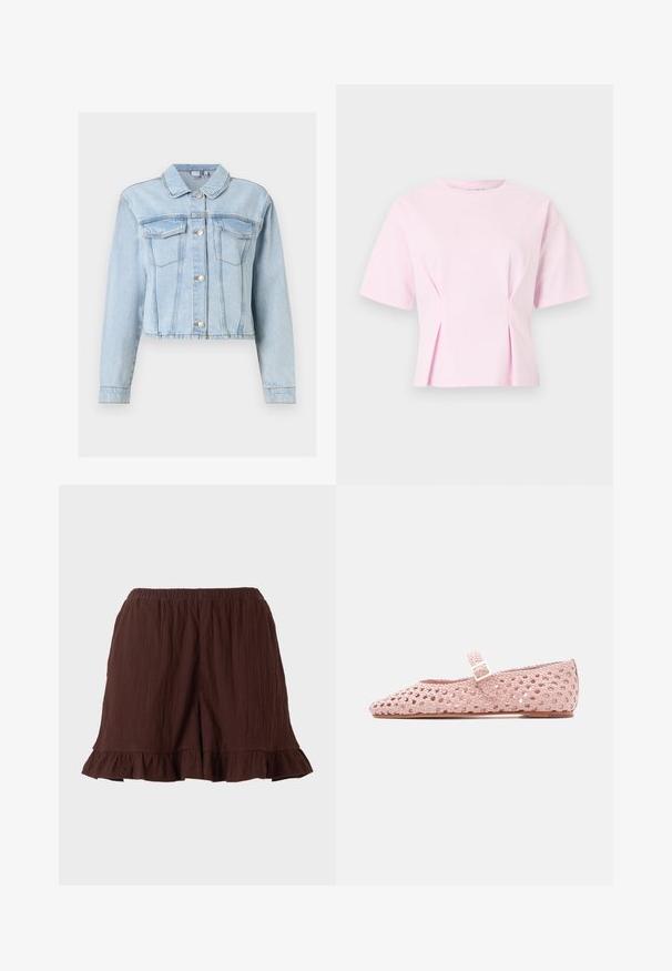 Veste en denim bleu clair à manches longues, fermeture à boutons sur le devant, poches à rabat sur la poitrine et col classique.; Haut rose clair à manches courtes avec un col rond et de subtils plis sur les côtés avant, présenté sur un fond uni.; Shorts en tissu brun texturé avec ceinture élastique et ourlets volantés sur un fond uni clair.; Chaussure plate tissée rose avec une petite sangle à boucle et une semelle basse en bois, présentée de profil sur fond blanc.