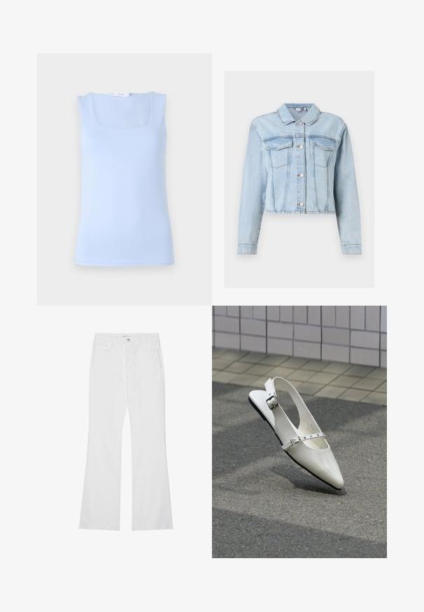 Hellblaue Jeansjacke mit langen Ärmeln, durchgehender Knopfleiste, aufgesetzten Brusttaschen und klassischem Kragen.; Helles blaues ärmelloses Oberteil mit quadratischem Ausschnitt, aus glattem Stoff gefertigt, mit einer taillierten Passform und einer minimalistischen Silhouette.; Weiße Schlagjeans aus Baumwoll-Denim, mit zwei vorderen Taschen, einem Reißverschluss und einem Metallknopf. Glatte Textur mit minimalen Details.; Weißer spitzer Slingback-Slipper mit zwei silbernen Schnallen, abgebildet im Freien auf strukturiertem Boden und gefliester Wand im Hintergrund.