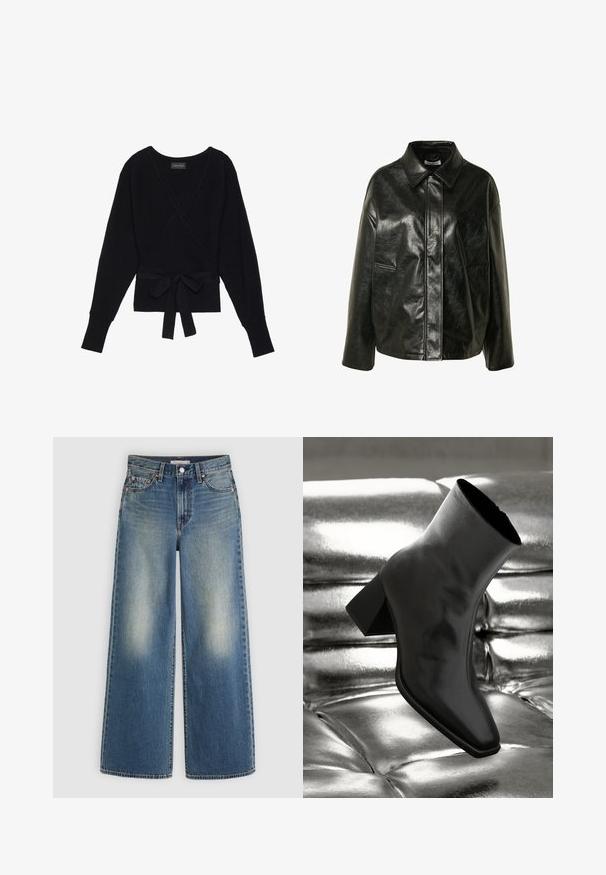 Veste en simili cuir noir avec un col pointu, des manches longues et deux poches latérales. Elle présente une texture lisse et une coupe décontractée.; Pull à manches longues noir, enroulé, avec une texture côtelée et une ceinture en tissu nouée en un noeud à la taille.; Jean en denim bleu à jambes larges avec des taches délavées sur les cuisses, fermeture à boutons, passants de ceinture et poches avant sur un fond uni clair.; Botte noire à la cheville en matériau brillant avec un bout carré et un talon effilé, sur un fond argenté brillant et capitonné.
