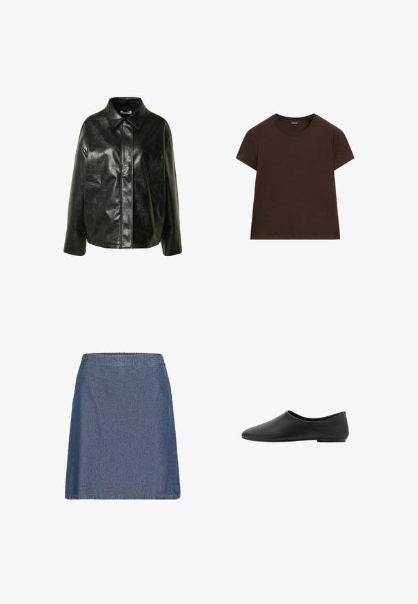 Veste en simili cuir noir avec un col pointu, des manches longues et deux poches latérales. Elle présente une texture lisse et une coupe décontractée.; T-shirt uni marron foncé à manches courtes et col rond, avec un ourlet droit, présenté sur un fond blanc.; Jupe en denim bleu avec une taille élastique, coupe droite et design simple sans poches ni ornements.; Chaussure plate noire minimaliste avec un bout amande arrondi et un talon bas, tige en cuir lisse, style enfiler.