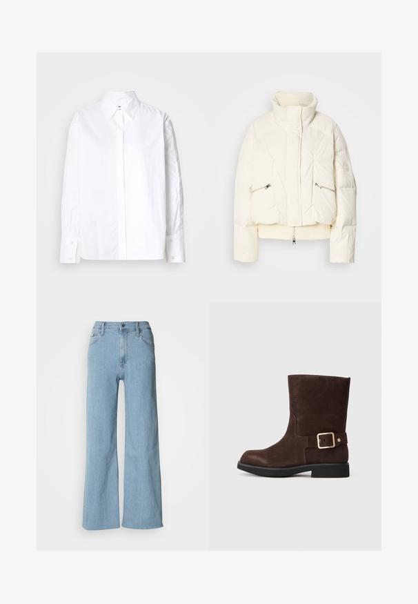 Off-white polstret jakke med høj krave, frontlynlås skjult af klap, to diagonale lynlåslommer og ribbet kant.; Hvid skjorte med klassisk krave, lange ærmer og manchetter. Fremstillet af glat stof, den har en midt foran placket.; Lyseblå vidde jeans lavet af denim, med en tætsiddende talje, fem-lomme design og subtile syningsdetaljer.; Brune ruskind ankelstøvle med rund tå, flad sort sål og guldspænde på siden. Glat tekstur og enkelt design.