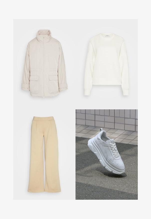 Weekday BREA WAISTED - Παρκά - beige; Φούτερ με στρογγυλή λαιμόκοψη σε off-white από μαλακή μίξη βαμβακιού. Διαθέτει μακριά μανίκια, χαλαρή εφαρμογή και ριμπ μανσέτες και στρίφωμα.; Μπεζ παντελόνι φαρδιάς γραμμής με λεία υφή, διαθέτοντας ψηλή μέση και δύο πτυχώσεις μπροστά για επιπλέον σχεδιαστική λεπτομέρεια.; Λευκό δερμάτινο αθλητικό παπούτσι με παχιά, υφασματική ελαστική σόλα, διαθέτοντας σύστημα κορδονιών και λεπτομέρειες ραφής. Στρογγυλή μύτη και σχεδίαση υποστήριξης αστραγάλου.