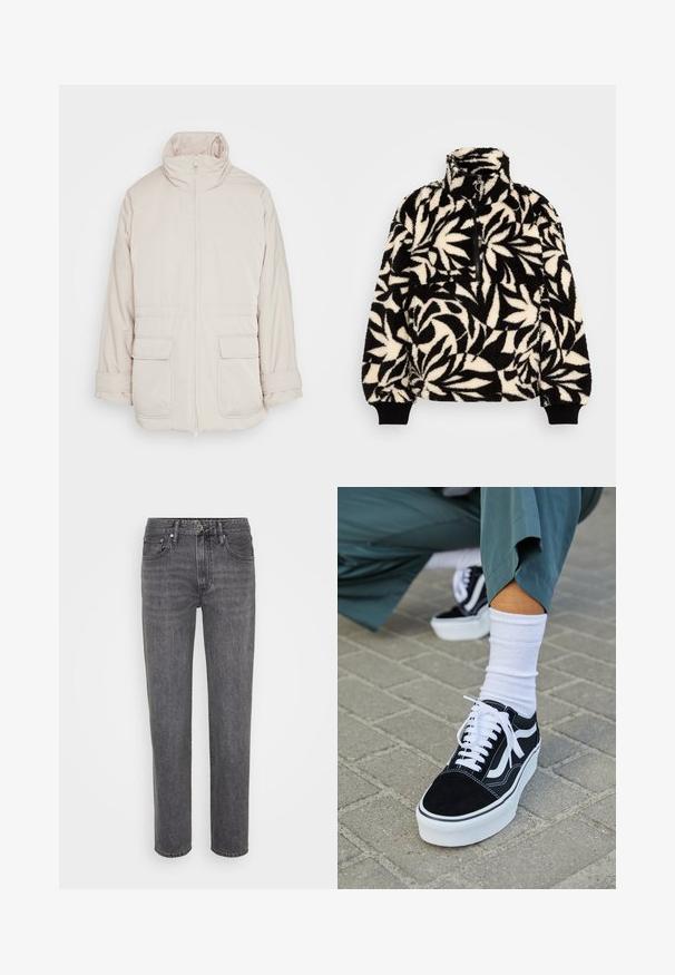 Weekday BREA WAISTED - Parka - beige; Schwarzer und cremefarbener Fleece-Pullover mit hohem Kragen, halbem Reißverschluss und Blattmuster. Die Bündchen haben schwarze elastische Bänder für einen engen Sitz.; Schwarze Jeans aus Denim mit geradem Bein, klassischem Fünf-Taschen-Stil und Knopfverschluss, mit dezenten Ausbleichungen und Nähdetails.; Schwarze Wildledersneaker mit weißen Akzenten und Schnürsenkeln, ausgestattet mit einer dicken weißen Sohle und kontrastierenden Nähten, kombiniert mit einer weißen Socke.