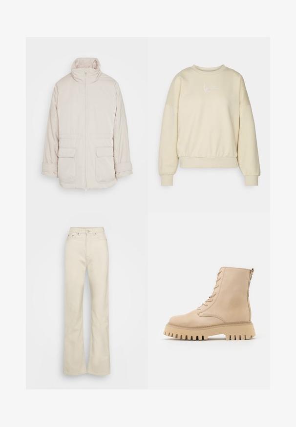 Weekday BREA WAISTED - Parka - beige; Beige mikina s okrúhlym výstrihom, spustenými ramenami a elastickým pásom. Na hrudi sú biele vyšívané nápisy. Mäkká textúra látky.; Weekday ROWE EXTRA HIGH - Džínsy s rovným strihom - ecru; Bežové kožené členkové topánky s okrúhlou špičkou, predným šnurovaním a bočným zipsom, ktoré majú hrubú, zubatú podrážku.