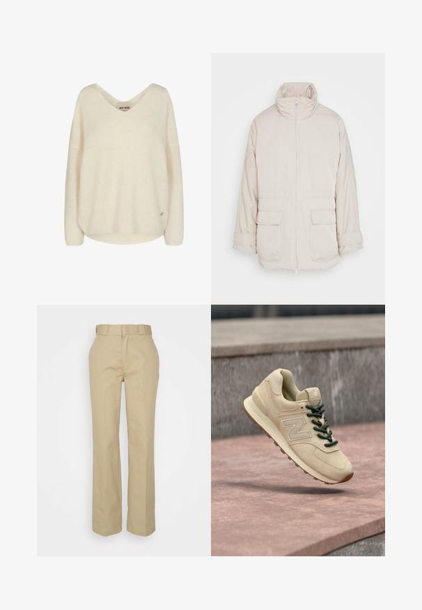 Weekday BREA WAISTED - Παρκά - beige; Πλεκτό πουλόβερ σε κρεμ απόχρωση με V-λαιμόκοψη, ριγμένα μανίκια και ριμπ υφή. Διαθέτει μικρή ετικέτα με λογότυπο στο κάτω μέρος.; Μπεζ, ραμμένα παντελόνια με ίσια γραμμή, θηλύκια ζώνης στη μέση και μια απαλή υφή σαν βαμβάκι. Απλά και λειτουργικά.; Μπεζ αθλητικό παπούτσι New Balance με σκουροπράσινα κορδόνια, επάνω μέρος από σουέντ και δίχτυ, απορρόφηση κραδασμών στη μέση σόλα, και καφετί εξωτερική σόλα σε πέτρινη επιφάνεια.