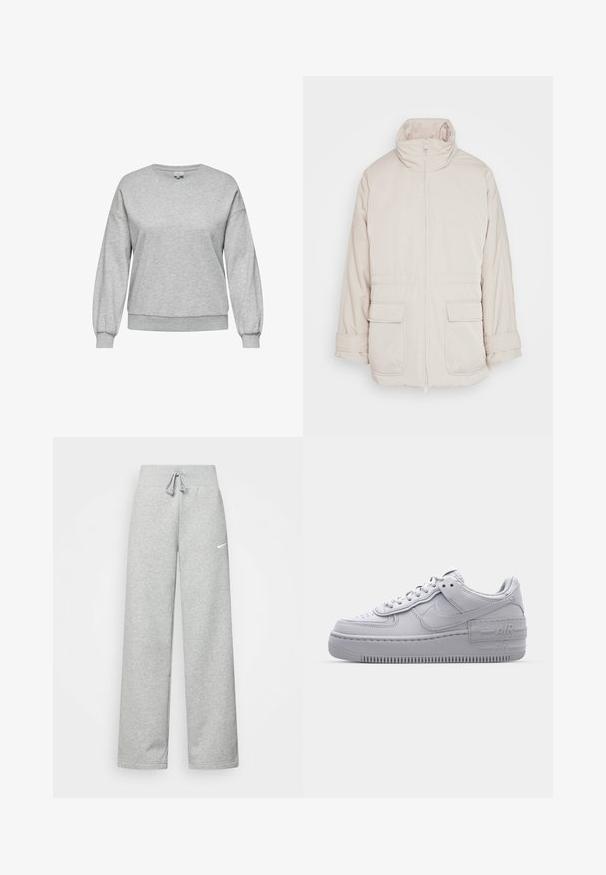 Weekday BREA WAISTED - Parka - beige; Hallitusest hall puuvillasegune dressipluus, millel on ümmargune kaelus, pikad õhulised varrukad ning soonikkoes mansetid ja äär.; Hallide higi värvi spordipüksid, elastse vöökoht ja paelaga detail, millel on vasakul reiel väike valge Nike logo. Pehme kangas, laiem lõige.; Hallitus hallid Nike Air Force 1 sneakerid, millel on augustatud varvas, siledast nahast ülemine osa, paks tall ning reljeefne 'AIR' detail kontsapadjal.