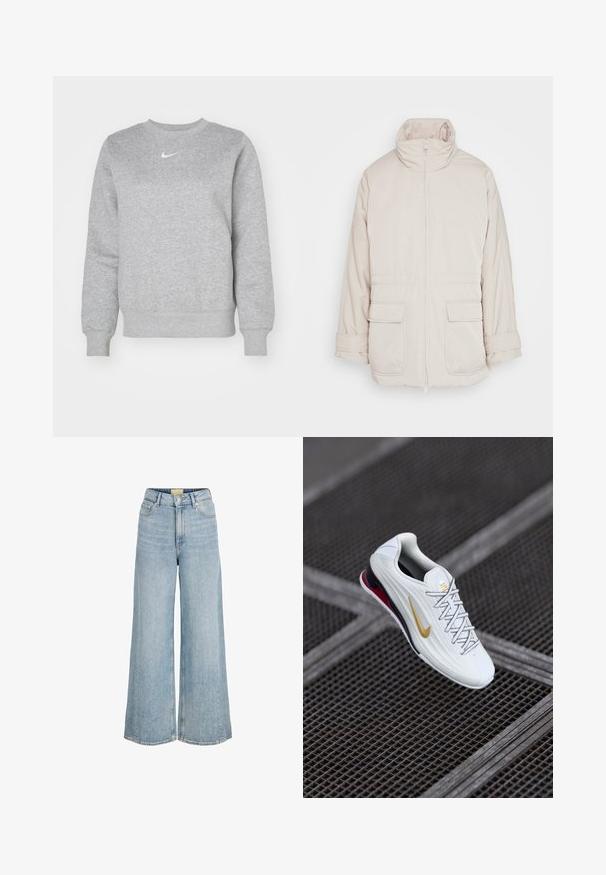 Weekday BREA WAISTED - Parka - beige; Grau Sweatshirt aus weichem Stoff, mit Rundhalsausschnitt, gerippten Bündchen und kleinem weißen Nike-Logo auf der Brust.; Hellblaue Jeans mit hoher Taille und weitem Bein, vorne mit Knopf- und Reißverschluss, vorderen und hinteren Taschen sowie Gürtelschlaufen.; Weißer Sportschuh mit strukturiertem Obermaterial, goldenem Swoosh-Logo, roten Akzenten an der Ferse und grauen Schnürsenkeln. Erhöhte Sohle für Dämpfung.