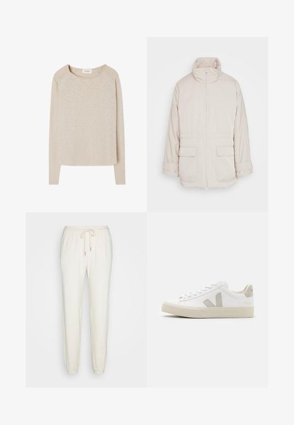 Weekday BREA WAISTED - Parka - beige; Beige Langarmshirt aus einem weichen, strukturierten Stoff. Mit rundem Halsausschnitt und Raglanärmeln. Abgerundeter Saum mit lockerer Passform.; aerie TWIST SEAM JOGGER - Jogginghose - toasted coconut; Weiße Sneaker aus Leder mit grauen V-Logo-Akzenten, strukturiertem Gummiabsatz, weißen Schnürsenkeln sowie gepolstertem Zungen- und Knöchelbereich.