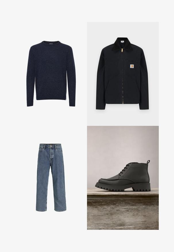 Zwarte jas met ritssluiting, zwarte kraag, steekzakken aan de voorkant, borstzak met rits en Carhartt-logo op de linkerborst.; Donkerblauwe trui met lange mouwen en ronde hals, eenvoudig ontwerp, geen zichtbare patronen of logo’s, getoond op een witte achtergrond.; Blauwe denim wijde pijpen jeans met een hoge taille, vijf zakken, knoopsluiting en zichtbare stiksels. Glad textuur met vervaagde delen.; Zwarte leren enkelboot met een ronde neus, veters en een dikke, robuuste zool met diepe groeven. Verhoogd op een houten oppervlak.