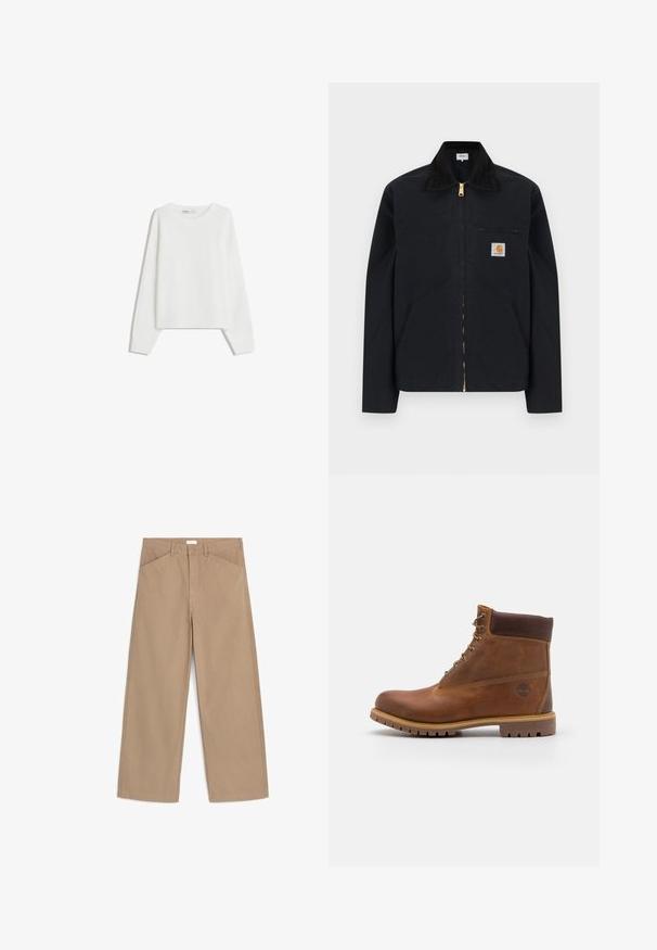 Zwarte jas met ritssluiting, zwarte kraag, steekzakken aan de voorkant, borstzak met rits en Carhartt-logo op de linkerborst.; Witte gebreide trui met lange mouwen, ronde hals, geribde boorden en zoom. Zachte textuur, losse pasvorm, geen zichtbare patronen of accenten.; Beige broek met wijde pijpen, hoge taille, riemlussen, knoopsluiting en schuine steekzakken, plat neergelegd op een witte achtergrond.; Bruine leren wandelschoen met een gladde afwerking, gevoerde enkel, metalen oogjes en een rubberen zool met een robuust profiel.
