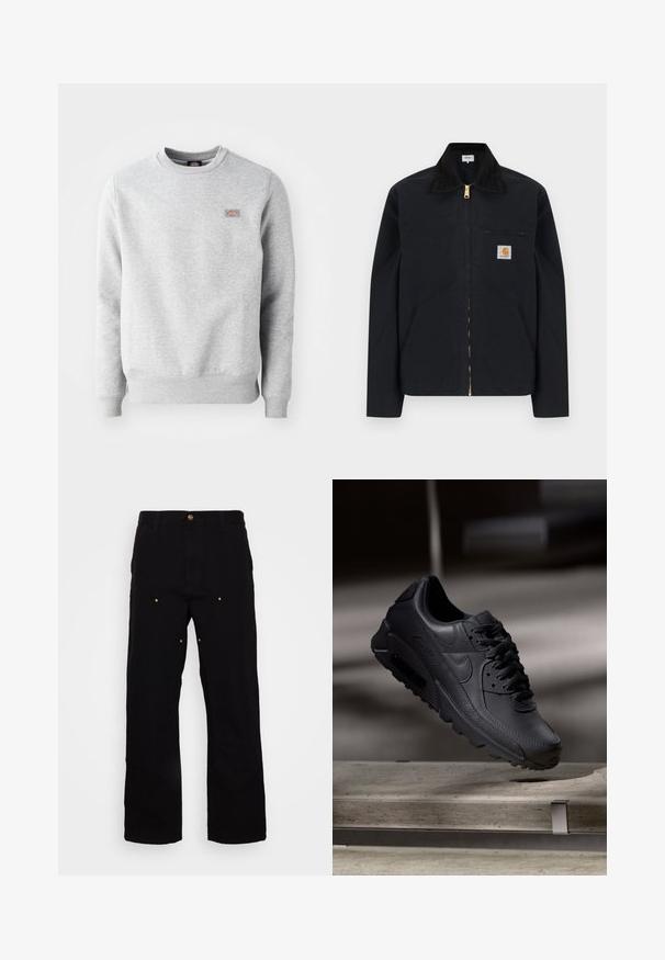 Schwarze Jacke mit Reißverschluss, schwarzem Kragen, vorderen Seitentaschen, Reißverschlusstasche auf der Brust und Carhartt-Logoaufnäher auf der linken Brustseite.; Grauer Pullover mit Rundhalsausschnitt, gerippten Bündchen und Saum, aus weichem Baumwollmaterial. Besitzt ein kleines Logo auf der linken Brust.; Schwarze Denim-Hosen mit geradem Bein, ausgestattet mit goldenen Hardware-Akzenten und sichtbaren Nähten an den Vorder- und Gesäßtaschen.; Schwarze Nike Air Max Sneaker mit einem strukturierten Leder-Obermaterial, Gummisohle und auffälligem Schnürsystem, das ein schlankes, modernes Design präsentiert.