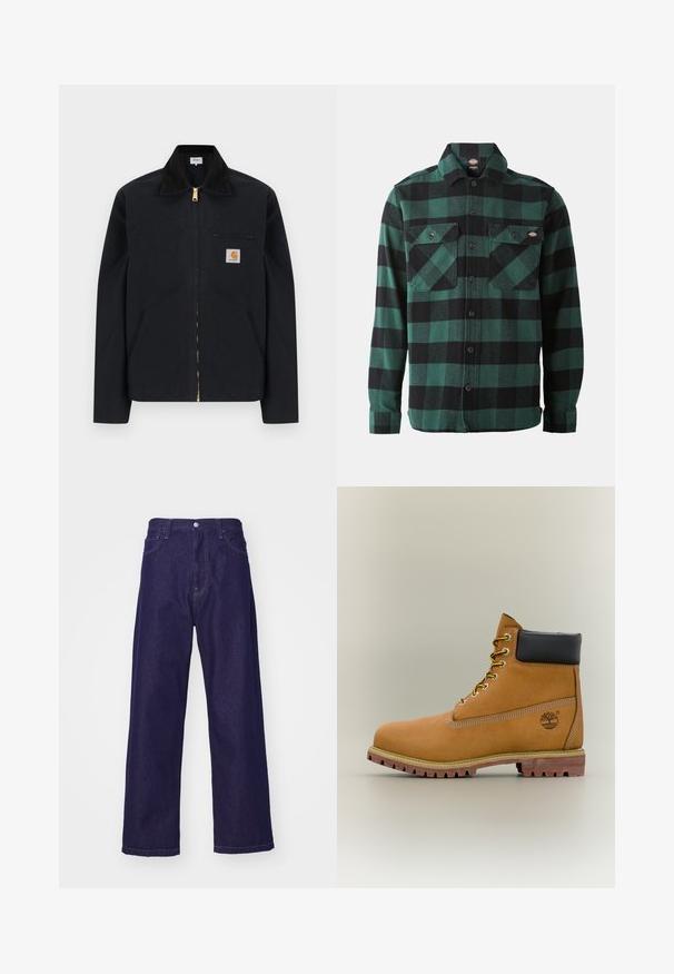 Čierna bunda na zips s čiernym golierom, prednými bočnými vreckami, hrudným vreckom na zips a nášivkou s logom Carhartt na ľavej strane hrude.; Zeleno-čierna károvaná flanelová košeľa s dlhými rukávmi, zapínaním na gombíky vpredu, dvoma náprsními vreckami a klasickým golierom. Mäkká textúra, univerzálny dizajn.; Tmavomodré riflové nohavice s širokými nohavicami a vysokým pásom, s prednými vreckami a zapínaním na gombík, s hladkou a pevnú textúrou.; Hnedá kožená členková členková obuv s čiernym golierom, žltými šnúrkami a béžovou podrážkou. Má logo a biele prešívanie. Hrubá podrážka s dobrým záberom.