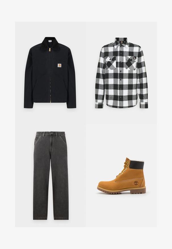 Zwarte jas met ritssluiting, zwarte kraag, steekzakken aan de voorkant, borstzak met rits en Carhartt-logo op de linkerborst.; Zwart-witte flanellen blouse met een geruit patroon, voorzien van twee borstzakken, knoopsluiting en een kraag. Zachte, gestructureerde stof.; Donkergrijze denimbroeken met een rechte pasvorm, voorzien van contrasterende witte stiksels, een knoopsluiting en zijzakken.; Bruine leren enkellaars met metalen oogjes, witte faux bont voering, zwarte gewatteerde kraag, robuuste zool en een reliëflogo aan de zijkant.