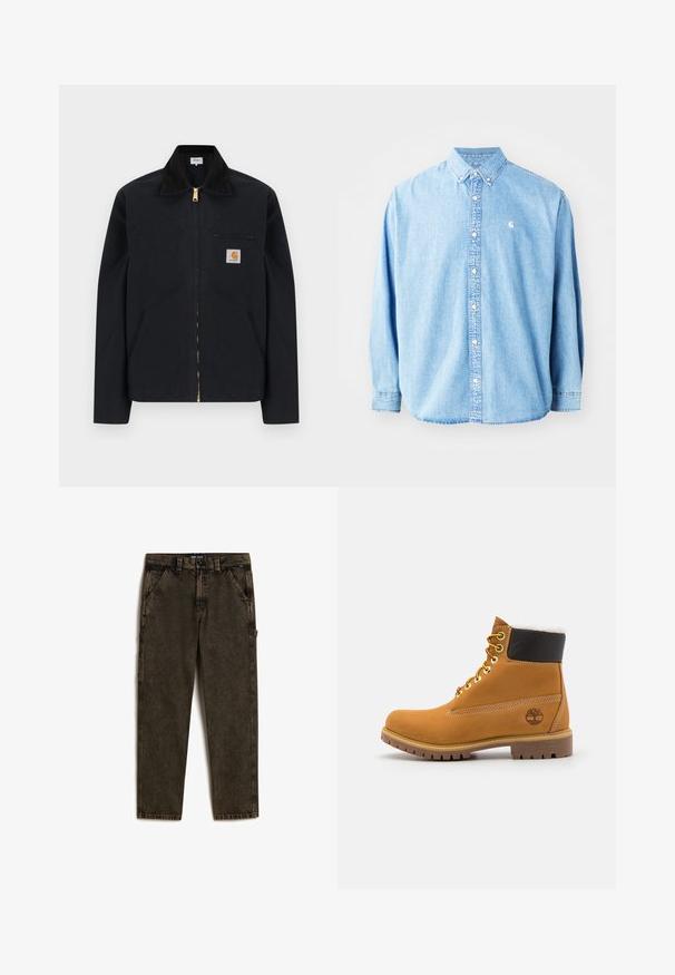 Zwarte jas met ritssluiting, zwarte kraag, steekzakken aan de voorkant, borstzak met rits en Carhartt-logo op de linkerborst.; Lichtblauwe denim overhemd met knopen en lange mouwen, puntkraag en een klein logo op de linkerborst. Heeft een ontspannen pasvorm en een klassiek ontwerp.; Vans DRILL CHORE CARPENTER ACID WASH - Straight leg jeans - olive; Bruine leren enkellaars met metalen oogjes, witte faux bont voering, zwarte gewatteerde kraag, robuuste zool en een reliëflogo aan de zijkant.