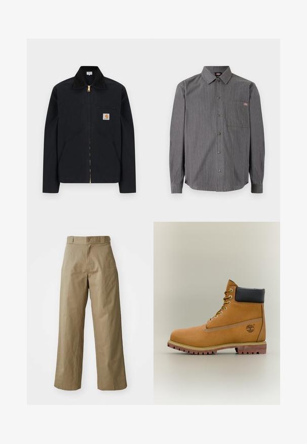Sort lynlåstrøje med sort krave, lommer foran, brystlomme med lynlås og Carhartt-logo på venstre bryst.; Grå skjorte med knapper, silkeagtige hvide striber, lange ærmer, en brystlomme og en klassisk krave. Fremstillet af slidstærkt stof.; Khaki bredde ben bukser lavet af bomuldsblandingsstof, med en enkelt knaplukning og synlige sidelommer. Glat tekstur, plisseret detalje.; Brun læderankelstøvle med sort krave, gule snørebånd og tanfarvet sål. Har logo og hvide syninger som detalje. Robust ydersål med greb.