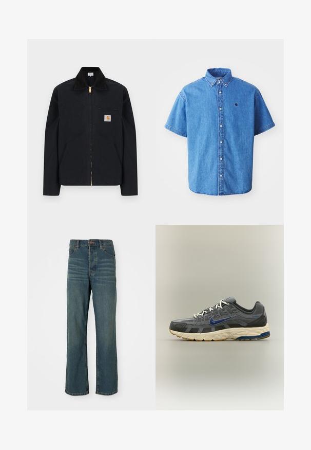 Zwarte jas met ritssluiting, zwarte kraag, steekzakken aan de voorkant, borstzak met rits en Carhartt-logo op de linkerborst.; Lichtblauw denim shirt met korte mouwen en een knoopsluiting-kraag, voorzien van een logo op de borst en opvallende stiksels.; Blauwe denim jeans met een rechte pijp, voorzien van vijf zakken, een knoopsluiting en lichte vervaging aan de voorkant.; Grijze en zwarte Nike hardloopschoen met blauwe swoosh-logo, witte veters en een beige zool met blauwe en bruine gripaccenten.