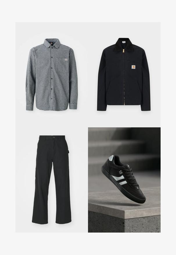 Čierna bunda na zips s čiernym golierom, prednými bočnými vreckami, hrudným vreckom na zips a nášivkou s logom Carhartt na ľavej strane hrude.; Košeľa s dlhým rukávom, čiernobiela kockovaná, s golierom a malou logom nášivkou na ľavom vrecku na hrudi.; Čierne široké nohavice vyrobené z ľahkej látky, so zapínaním na gombík, prednými vreckami a hladkou textúrou.; Čierna teniska s bielymi pruhmi a šnúrkami vznášajúca sa nad betónovým okrajom s rozmazanými schodmi v pozadí.