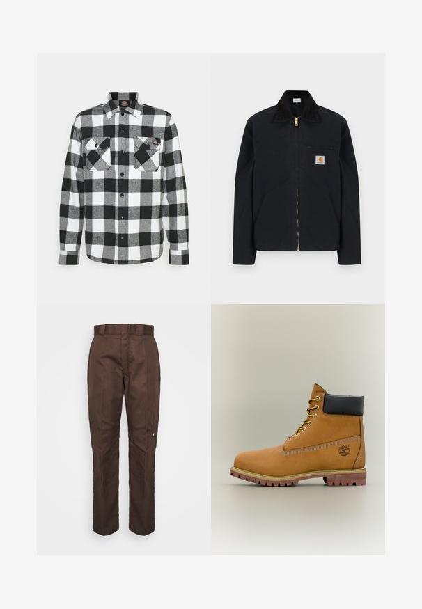 Veste noire à fermeture éclair avec col noir, poches latérales avant, poche zippée sur la poitrine et écusson logo Carhartt sur la poitrine gauche.; Chemise en flanelle noir et blanc avec un motif à carreaux, présentant deux poches poitrine, un devant boutonné et un col. Tissu doux et texturé.; Pantalon marron à jambe droite avec une texture lisse. Présente des passants de ceinture, des coutures latérales et un petit logo de marque sur la jambe gauche.; Bottine en cuir marron avec col noir, lacets jaunes et semelle beige. Présente un logo et des détails de couture blanche. Semelle extérieure à traction robuste.