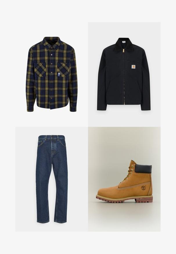 Veste noire à fermeture éclair avec col noir, poches latérales avant, poche zippée sur la poitrine et écusson logo Carhartt sur la poitrine gauche.; Chemise en flanelle à carreaux bleu marine et jaune, avec deux poches avant, boutonnage avant et un petit logo sur la poche gauche. Texture douce.; Jean droit bleu foncé avec bouton devant, fermeture éclair et poches, présenté sur fond blanc.; Bottine en cuir marron avec col noir, lacets jaunes et semelle beige. Présente un logo et des détails de couture blanche. Semelle extérieure à traction robuste.