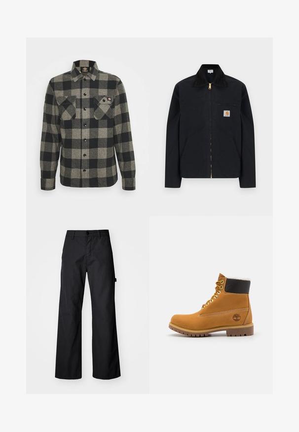 Čierna bunda na zips s čiernym golierom, prednými bočnými vreckami, hrudným vreckom na zips a nášivkou s logom Carhartt na ľavej strane hrude.; Čierno-sivá károvaná flanelová košeľa s dlhými rukávmi, zapínaním na gombíky vpredu, dvoma náprsníkmi a mierne zakriveným spodným okrajom. Textúrovaná tkanina.; Čierne, široké nohavice vyrobené z odolného materiálu. Obsahujú zapínanie na gombík a bočné vrecká. Hladká textúra s čistým dizajnom.; Hnedé kožené ankle boot s kovovými očkami, bielym kožúškom vo vnútri, čiernym vypolstrovaným golierom, robustnou podrážkou a vyrazeným logom na boku.