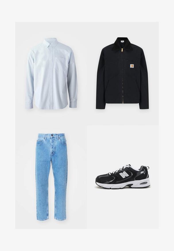 Zwarte jas met ritssluiting, zwarte kraag, steekzakken aan de voorkant, borstzak met rits en Carhartt-logo op de linkerborst.; Lichtblauw overhemd met lange mouwen gemaakt van katoen. Voorzien van een button-down kraag, knopen aan de voorkant en een borstzak aan de linkerkant.; Lichtblauwe denim jeans hebben een rechte pijpdesign, vijf zakken en een klassiek knoopsluiting bij de taille.; Zwarte en grijze sport schoenen met een bovenwerk van mesh en suede, voorzien van een witte tussenzool, veters en een gedurfde "N"-logo aan de zijkant.