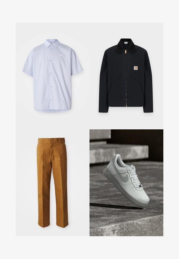 Zwarte jas met ritssluiting, zwarte kraag, steekzakken aan de voorkant, borstzak met rits en Carhartt-logo op de linkerborst.; Lichtblauw overhemd met korte mouwen, gemaakt van gladde stof, met een knoopsluiting en een klein wit Nike-logo op de borst.; Bruine, op maat gemaakte broeken met een gladde textuur, voorzien van een recht model, plooien aan de voorkant en een standaard tailleband.; Witte Nike Air Force 1 sneaker zwevend boven een geribbelde betonnen ondergrond met stenen traptreden op de achtergrond.