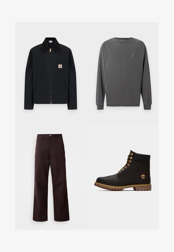 Veste noire à fermeture éclair avec col noir, poches latérales avant, poche zippée sur la poitrine et écusson logo Carhartt sur la poitrine gauche.; Chemise à manches longues en coton gris foncé. Elle comporte un col rond, des poignets élastiques et un petit patch logo carré sur la poitrine gauche.; Pantalons large en coton marron foncé, confectionnés dans un tissu résistant, avec une fermeture à boutons à l'avant et deux poches latérales. Texture lisse, design classique.; Bottine noire en cuir avec œillets dorés, accents marron et semelle en caoutchouc. Comprend un col rembourré et un logo estampé sur le côté.