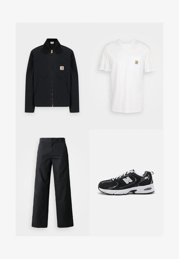Schwarze Jacke mit Reißverschluss, schwarzem Kragen, vorderen Seitentaschen, Reißverschlusstasche auf der Brust und Carhartt-Logoaufnäher auf der linken Brustseite.; Weißes Baumwoll-T-Shirt mit kurzen Ärmeln, einer Brusttasche und einem kleinen quadratischen Logopatch in Orange und Weiß auf der Tasche.; Schwarze weit geschnittene Baumwollhose. Verfügt über einen Knopfverschluss, Gürtelschlaufen und Seitentaschen. Glatte Textur mit tailliertem Schnitt.; Schwarze und graue Sportschuhe mit Obermaterial aus Mesh und Wildleder, ausgestattet mit einer weißen Zwischensohle, Schnürsenkeln und einem markanten "N"-Logo an der Seite.