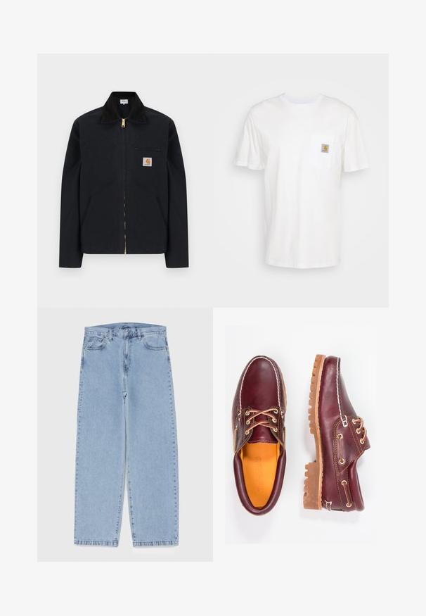 Zwarte jas met ritssluiting, zwarte kraag, steekzakken aan de voorkant, borstzak met rits en Carhartt-logo op de linkerborst.; Witte katoenen t-shirt met korte mouwen, een borstzak en een klein vierkant logo-opdruk in oranje en wit op de zak.; Lichtblauwe denim jeans met een recht model, voorzien van een middelhoge taille, vijf zakken en een knoop- en ritssluiting.; Bordeaux leren schoenen met bruine rubberen zolen, ronde neus, witte stiksels en gouden veterogen. Het interieur heeft een gele voering.