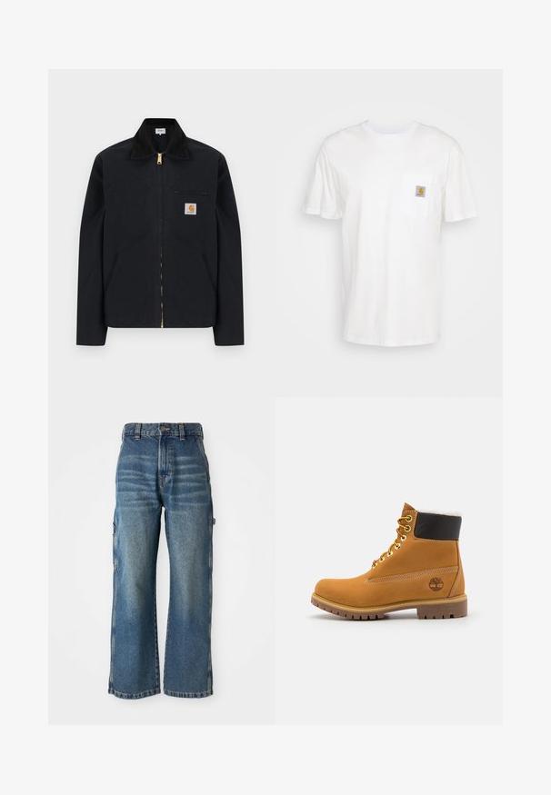 Čierna bunda na zips s čiernym golierom, prednými bočnými vreckami, hrudným vreckom na zips a nášivkou s logom Carhartt na ľavej strane hrude.; Biele bavlnené tričko s krátkymi rukávmi, vreckom na hrudi a malou štvorcovou nášivkou v oranžovej a bielej farbe na vrecku.; Džínsy v širokom strihu z denimového materiálu svetlo modrej farby s vyblednutým povrchom, s vysokým pásom, pútkami na opasok a bočnými vreckami. Viditeľné detaily šitia.; Hnedé kožené ankle boot s kovovými očkami, bielym kožúškom vo vnútri, čiernym vypolstrovaným golierom, robustnou podrážkou a vyrazeným logom na boku.