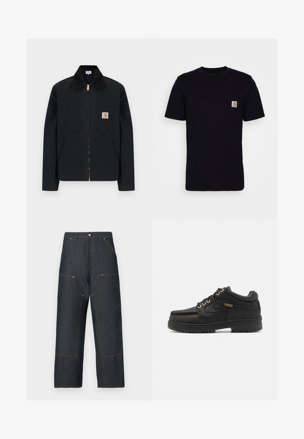 Zwarte jas met ritssluiting, zwarte kraag, steekzakken aan de voorkant, borstzak met rits en Carhartt-logo op de linkerborst.; Zwarte katoenen t-shirt met korte mouwen, ronde hals en een borstzak met een klein, vierkant logo patch. Eenvoudig, stevig ontwerp.; Donkerblauwe spijkerbroek met een brede pijp, voorzien van contrasterende oranje stiksels, voorzakken en een klassieke knoopsluiting.; Zwarte leren veterschoen met gewatteerde kraag, dikke zool, gouden veterogen en Gore-Tex-label aan de zijkant.