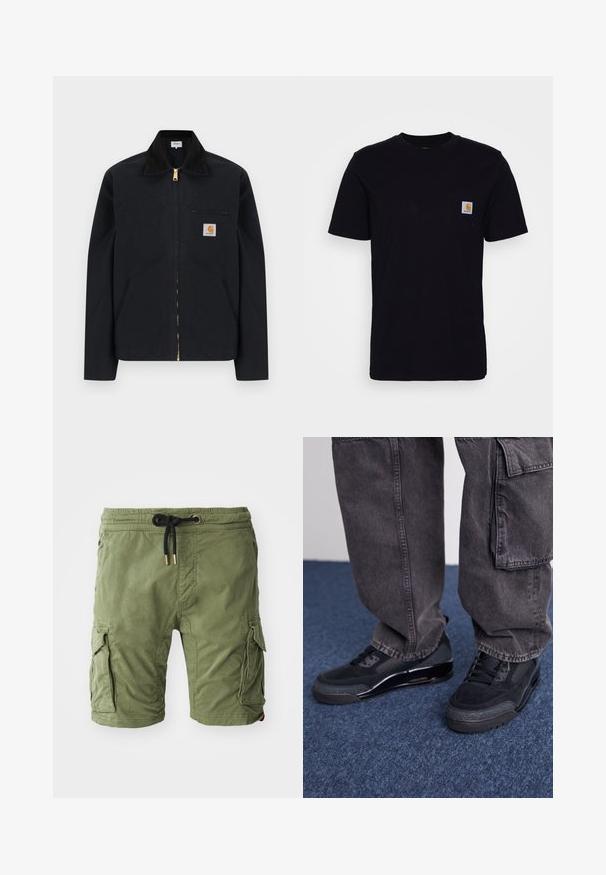 Sort lynlåstrøje med sort krave, lommer foran, brystlomme med lynlås og Carhartt-logo på venstre bryst.; Sort bomulds T-shirt med korte ærmer, rund hals og en brystlomme, der har et lille, kvadratisk logo-patch. Enkel, ensfarvet design.; Olivenfarvede bomulds cargo shorts med sidelommer, elastisk talje med snøre og guldhardware samt en blød, tekstureret overflade.; Sorte sportsko med en struktureret overflade, glatte detaljer og en kraftig sål, der er parret med mørke, løstsiddende cargo-bukser.