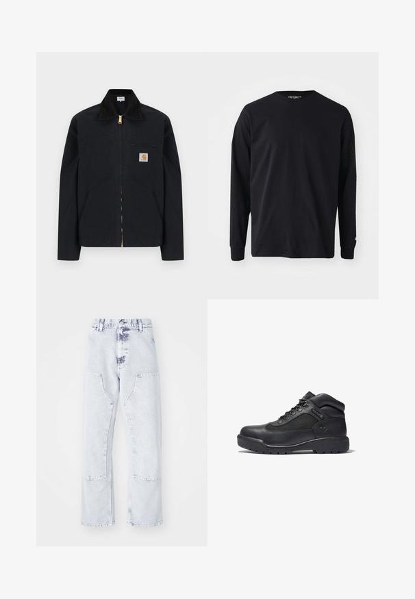 Schwarze Jacke mit Reißverschluss, schwarzem Kragen, vorderen Seitentaschen, Reißverschlusstasche auf der Brust und Carhartt-Logoaufnäher auf der linken Brustseite.; Schwarzes Langarm-T-Shirt aus Baumwolle mit rundem Halsausschnitt und geradem Schnitt, mit einem kleinen Logodetail am Ärmel.; Hellblaue Denim-Jeans im Straight-Leg-Schnitt mit aufgesetzten Taschen, hoher Taille und einem verwaschenen Finish. Mit tonalem Nähen und einem lässigen Schnitt.; Schwarze Wanderstiefel aus Leder und Mesh, mit gepolstertem Kragen, Schnürverschluss, Gummisohle mit Profil und geprägtem Logo.