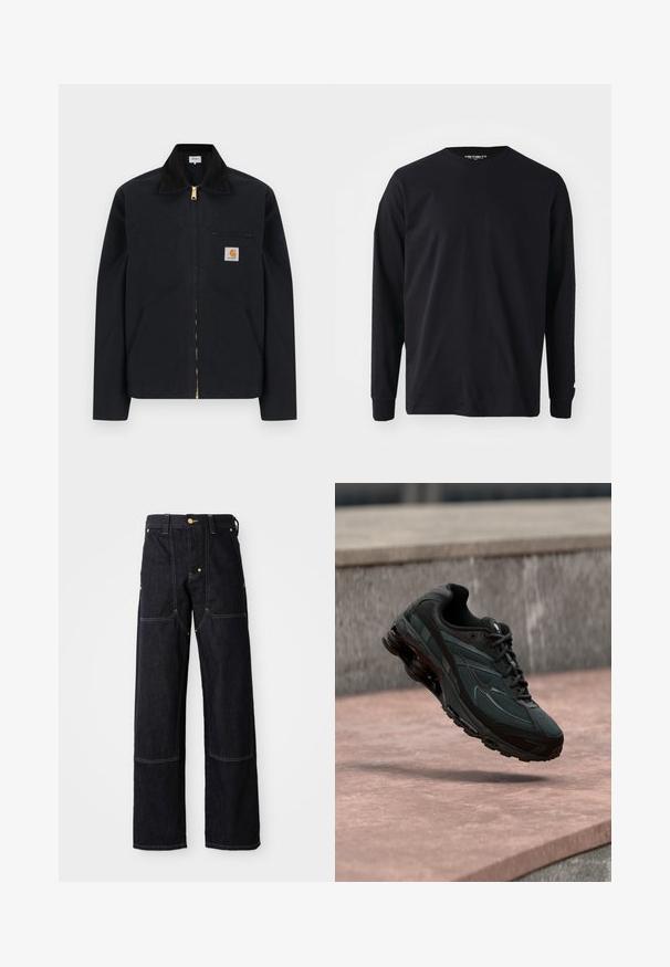 Sort lynlåstrøje med sort krave, lommer foran, brystlomme med lynlås og Carhartt-logo på venstre bryst.; Sort langærmet t-shirt lavet af bomuld, med rund halsudskæring og lige pasform, samt et lille logodetalje på ærmet.; Mørkeblå denimbukser med lige ben, der har gule stikninger og forlommer. Stoffet ser solidt og struktureret ud.; Sort atletisk sneaker med synligt luftdæmpende mellemsål, der svæver over en pink stenoverflade med en grå stenvæg i baggrunden.