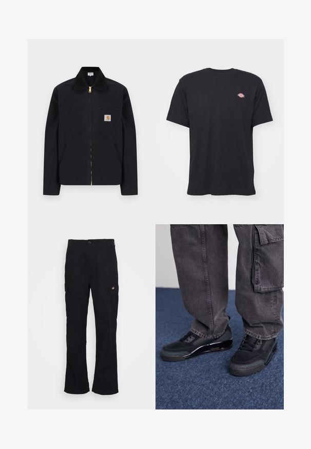 Schwarze Jacke mit Reißverschluss, schwarzem Kragen, vorderen Seitentaschen, Reißverschlusstasche auf der Brust und Carhartt-Logoaufnäher auf der linken Brustseite.; Schwarzes T-Shirt mit kurzen Ärmeln und Rundhalsausschnitt, mit kleinem buntem Dickies-Logo auf der linken Brust vor einfarbigem Hintergrund.; Schwarze Cargo-Hose mit geradem Bein, aus strapazierfähigem Stoff gefertigt, mit Seitentaschen und einem aufgenähten Logo auf der linken Seite.; Schwarze Sportschuhe mit einer strukturierten Oberfläche, glatten Akzenten und einer chunky Sohle, kombiniert mit dunklen, lässig sitzenden Cargo-Hosen.