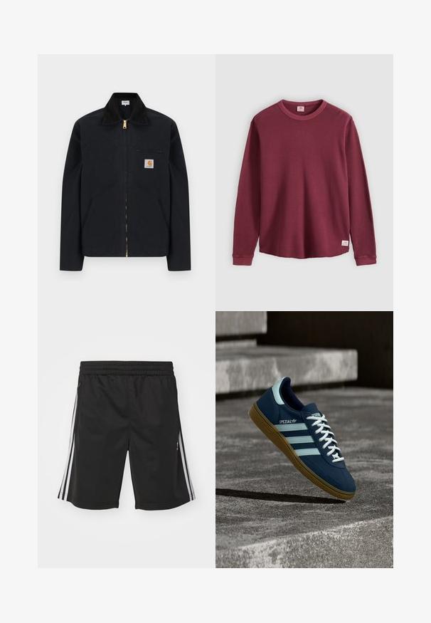 Sort lynlåstrøje med sort krave, lommer foran, brystlomme med lynlås og Carhartt-logo på venstre bryst.; Langærmet, ribstrikket bordeaux crewneck-shirt med manchetærmer og et lille hvidt Levi's-mærke nederst ved kanten på ensfarvet baggrund.; Sorte sportsshorts med elastisk talje, med hvide sidestriber og en glat stofstruktur. Ingen yderligere dekorationer.; Blå Adidas Spezial sneaker med hvide striber og snørebånd, gummisål, svævende over en ru betongoverflade og trin i baggrunden.