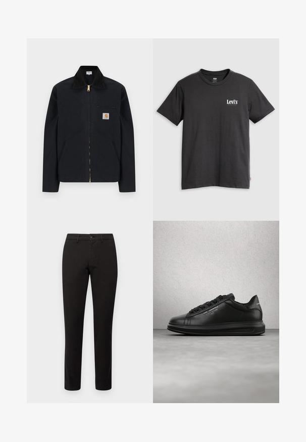Čierna bunda na zips s čiernym golierom, prednými bočnými vreckami, hrudným vreckom na zips a nášivkou s logom Carhartt na ľavej strane hrude.; Čierne bavlnené tričko s krátkymi rukávmi, okrúhlym výstrihom a bielym logom "Levi's" potlačeným na ľavej strane hrudníka. Mäkká textúra, voľný strih.; Čierne chino nohavice so slim strihom, vyrobené z bavlneného zmesi. Majú predné zapínanie na gombík a päť vreciek. Hladká textúra, minimálne detaily.; Osoba nosiaca čierne tenisky Karl Lagerfeld s čiernymi nohavicami, stojaca na drevenej parketovej podlahe proti bielej doskovanej stene.