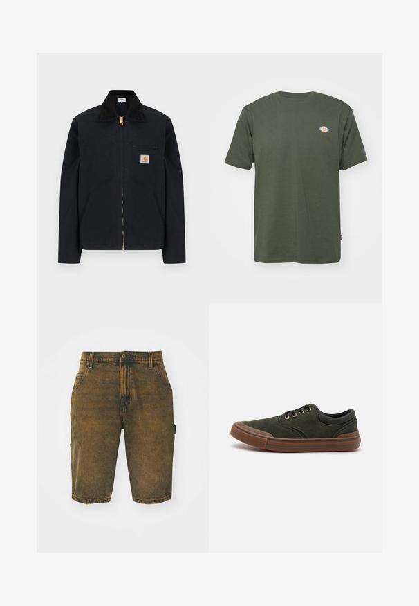 Veste noire à fermeture éclair avec col noir, poches latérales avant, poche zippée sur la poitrine et écusson logo Carhartt sur la poitrine gauche.; T-shirt en coton vert olive avec un col rond, des manches courtes et un petit logo coloré sur la poitrine. Texture lisse, design décontracté.; Shorts en denim d'une couleur marron délavée avec une texture légèrement usée. Comprend des passants de ceinture, des poches avant et une poche cargo latérale.; Baskets en daim vert foncé avec semelle en caoutchouc, bout rond, lacets noirs et œillets dorés. Présente une finition texturée et un talon renforcé.