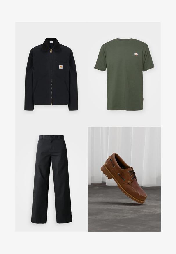 Schwarze Jacke mit Reißverschluss, schwarzem Kragen, vorderen Seitentaschen, Reißverschlusstasche auf der Brust und Carhartt-Logoaufnäher auf der linken Brustseite.; Olivgrünes Baumwoll-T-Shirt mit Rundhalsausschnitt, kurzen Ärmeln und einem kleinen, farbigen Logo auf der Brust. Glatte Textur, lässiges Design.; Schwarze weit geschnittene Baumwollhose. Verfügt über einen Knopfverschluss, Gürtelschlaufen und Seitentaschen. Glatte Textur mit tailliertem Schnitt.; Brauner Leder-Bootsschuh mit schwarzen Schnürsenkeln, beigen Nähten und einer robusten Sohle, schwebt über einem grauen Betonboden.
