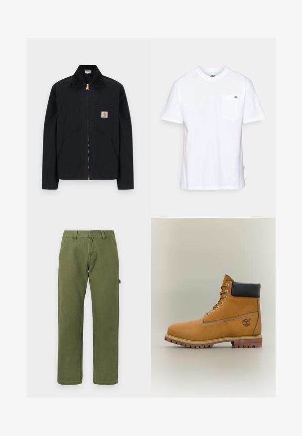 Čierna bunda na zips s čiernym golierom, prednými bočnými vreckami, hrudným vreckom na zips a nášivkou s logom Carhartt na ľavej strane hrude.; Biely bavlnený tričko s okrúhlym výstrihom, krátkymi rukávmi a vreckom na hrudi s malým logom značky na ľavej strane.; Rovné olivové nohavice so prednými vreckami, pútkom na opasok, zapínaním na gombík a bočným úchytom na utilitárne predmety na jednofarebnom pozadí.; Hnedá kožená členková členková obuv s čiernym golierom, žltými šnúrkami a béžovou podrážkou. Má logo a biele prešívanie. Hrubá podrážka s dobrým záberom.