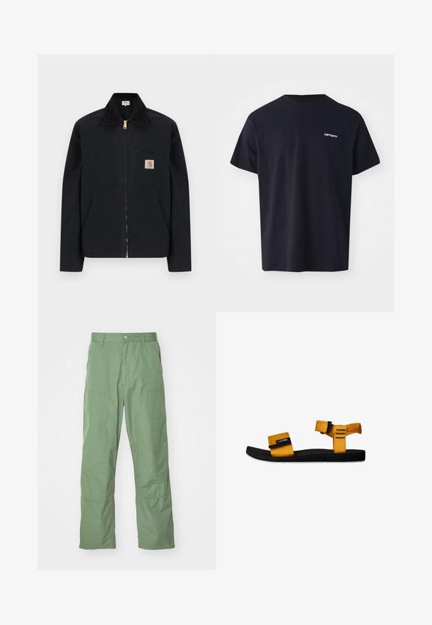 Schwarze Jacke mit Reißverschluss, schwarzem Kragen, vorderen Seitentaschen, Reißverschlusstasche auf der Brust und Carhartt-Logoaufnäher auf der linken Brustseite.; Schwarzes Baumwoll-T-Shirt mit kurzen Ärmeln, Rundhalsausschnitt und einem dezenten weißen Logo im linken Brustbereich. Glatte Textur, normale Passform.; Hellgrüne, lässige Hose mit glatter Textur, ausgestattet mit Seitentaschen und sichtbaren Nähten. Vollständig lang mit geradem Bein.; Gelbe Stoffsandale mit zwei verstellbaren Riemen, schwarzer Gummisohle, strukturiertem Fußbett und weißem Außensohlen-Detail. Seitenansicht.