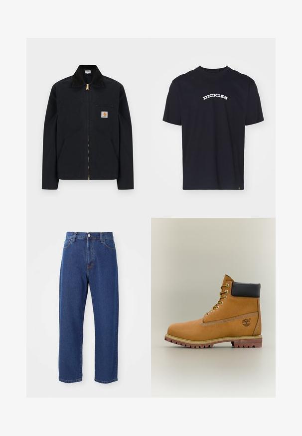Chaqueta negra con cremallera, cuello negro, bolsillos laterales frontales, bolsillo con cremallera en el pecho y parche con el logo de Carhartt en el pecho izquierdo.; Camiseta de algodón negra con mangas cortas, cuello redondo y logo en blanco de "DICKIES" impreso en estilo arqueado en el pecho.; Vaqueros de tiro alto de algodón, con una silueta de pierna recta, costuras visibles y un cierre de botón en la parte delantera.; Bota de tobillo de cuero marrón con cuello negro, cordones amarillos y suela beige. Presenta un logotipo y detalles de costura blanca. Suela exterior con tracción robusta.