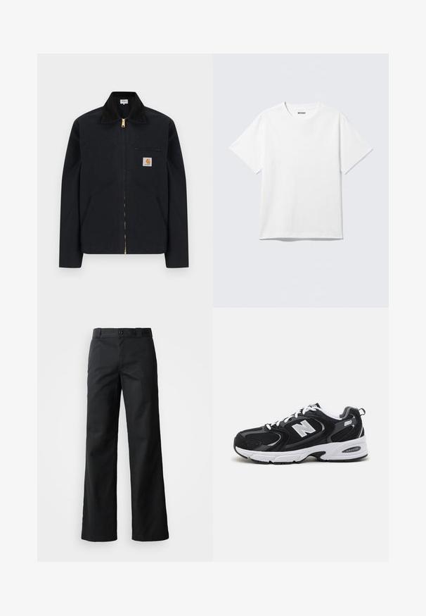 Sort lynlåstrøje med sort krave, lommer foran, brystlomme med lynlås og Carhartt-logo på venstre bryst.; Hvid kortærmet crewneck T-shirt lagt fladt ud, ensfarvet design, med "WEEKDAY" mærkat inde i kraven på en lys baggrund.; Sorte bredbuks i et glat stof. Har en knaplukning, bæltestropper og sidelommer. Ren, skræddersyet silhuet.; Sorte og grå sportssko med mesh og ruskind på overdelen, der har en hvid mellemsål, snørebånd og et iøjnefaldende "N" logo på siden.