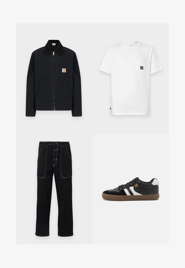 Sort lynlåstrøje med sort krave, lommer foran, brystlomme med lynlås og Carhartt-logo på venstre bryst.; Hvid bomulds T-shirt med rund halsudskæring, korte ærmer og en brystlomme med en sort logopatch. Glat tekstur, løs pasform.; Sorte bukser lavet af robust stof. Har kontrasterende hvid syning, flere lommer og en lige ben-design.; Sorte og hvide sneakers med overdel i ruskind og læder, der har hvide striber, sorte snørebånd og en brun gummisål. Guld logo detaljer.