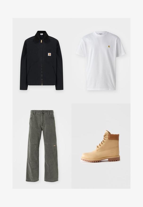Schwarze Jacke mit Reißverschluss, schwarzem Kragen, vorderen Seitentaschen, Reißverschlusstasche auf der Brust und Carhartt-Logoaufnäher auf der linken Brustseite.; Weißes Baumwoll-T-Shirt mit kurzen Ärmeln, Rundhalsausschnitt, mit einem kleinen goldenen Logo im linken Brustbereich. Weicher Stoff und normale Passform.; Dunkelgraue, weit geschnittene Hose aus strapazierfähigem Material, mit Knieschützern, klassischem Druckknopfverschluss und genähten Akzenten.; Hellbraune Leder-Ankle-Boots mit gepolstertem Kragen, goldenen Ösen, braunen Schnürsenkeln und dicker Profilsohle auf hellem, einfarbigem Hintergrund.