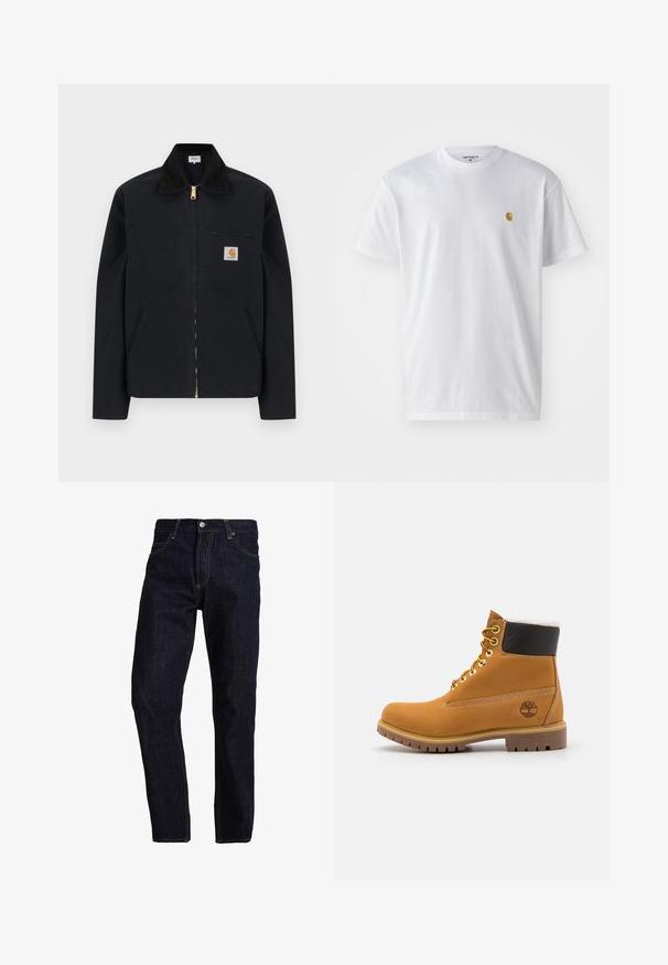 Sort lynlåstrøje med sort krave, lommer foran, brystlomme med lynlås og Carhartt-logo på venstre bryst.; Hvid bomulds t-shirt med korte ærmer, rund hals og et lille guld logo på venstre brystområde. Blød tekstur og almindelig pasform.; Mørkeblå denim jeans med lige pasform, med gul syning, fem lommer og en klassisk knap- og lynlås lukning.; Brune læder ankelstøvle med metaløjer, hvid pelsforing, sort polstret krave, robust sål og præget logo på siden.