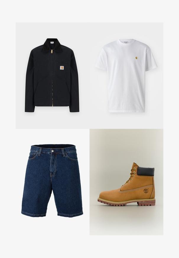 Zwarte jas met ritssluiting, zwarte kraag, steekzakken aan de voorkant, borstzak met rits en Carhartt-logo op de linkerborst.; Witte katoenen t-shirt met korte mouwen en ronde hals, voorzien van een klein gouden logo op de linkerkant van de borst. Zachte textuur en een normale pasvorm.; Denim shorts in donkerblauw met een rechte snit, reguliere tailleband en metalen knoopsluiting; heeft contrasterende gele stiksels en zoom.; Bruine leren enkellaars met zwarte kraag, gele veters en een zandkleurige zool. Voorzien van een logo en witte stikseldetails. Robuuste loopzool met grip.